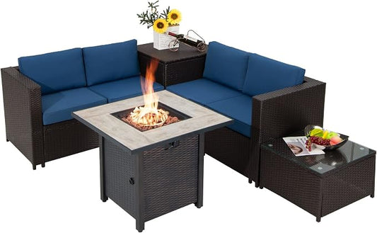 Tangkula 5-Piece Patio Furniture Set with 30 Inches Gas Fire Pit Table, Outdoor Wicker Conversation Sectional Sofa Set with Storage Box and Coffee Table, 50,000 BTU Propane Fire Pit Table (Navy)