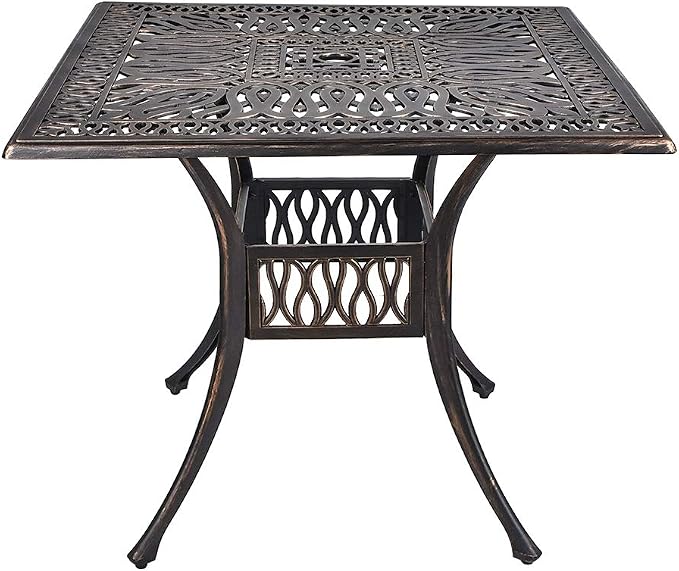 TITIMO 35.4" Outdoor Patio Bistro Dining Square Table Weather Resistant Cast Aluminum Conversation Table with 2.2" Umbrella Hole for Backyard, Garden, Poolside, Balcony(Retro)