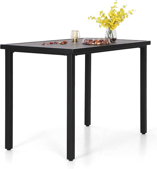 PHI VILLA Outdoor Tall Bar Table, 55”x27” Counter Height Dining Table with Wood-Like Metal Frame & Adjustable Feet, Black High Top Pub Cafe Table for Patio, Yard