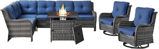 Belord Patio Furniture Set with Fire Pit Table, Outdoor Swivel Rocker Patio Chairs, Oversized Outdoor Sectional Couch, Two 3-Seater Sofas with Coffee Table, Ideal for Porch, Deck, Gray Wicker/Blue
