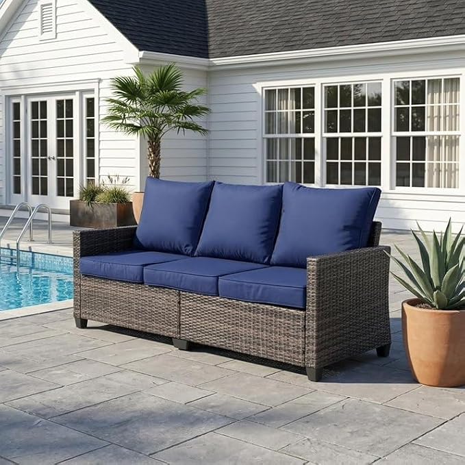 LAUSAINT HOME 3 Pieces Outdoor Patio Furniture, Outdoor Sectional Sofa Patio Furniture Sets Wicker Rattan Patio Conversation Sets with Cushion and Glass Table (Dark Blue)