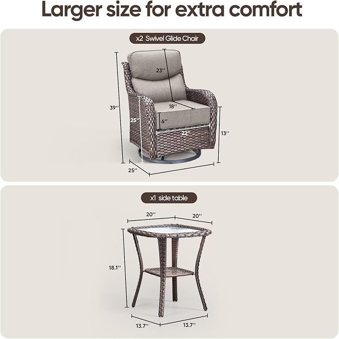 Swivel Patio Chairs Set of 3 with 6" Thick Cushion - Wicker Outdoor Swivel Rocker Patio Chairs with Side Table, High Back Comfortable Outdoor Glider Chair - Brown Wicker | Grey Cushions