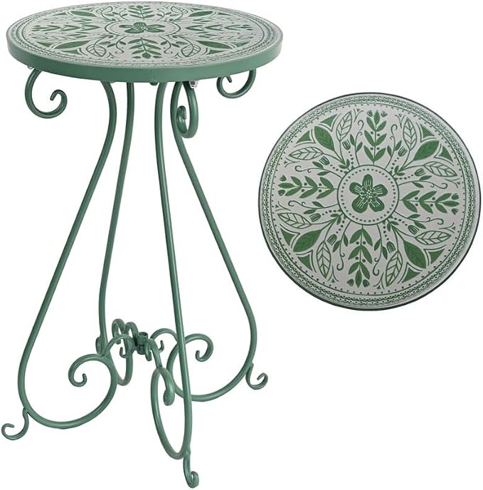 Vintage Outdoor Side Table Round Mosaic Ceramic Tile Top 14" Diameter Metal Plant Stand for Flower Pots Vase Garden Home Porch Pool Indoor Decor Weather Resistant Outside Patio Accent End Furniture