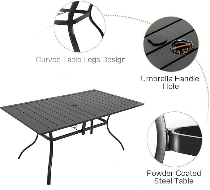 Anmutig 7-Piece Patio Dining Set, Outdoor Furniture Set of 6 Navy Stackable Dining Chairs and Rectangular Metal Table with Umbrella Hole for Outdoor Kitchen Lawn Garden,Bistro,Deck, Navy