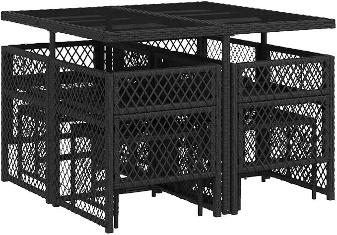 9 Piece Garden Dining Set, Black and Cream PE Rattan Outdoor Patio Furniture Set with Tempered Glass Table and Cushioned Seats for Backyard and Balcony