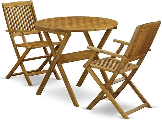 Pemberly Row Outdoor Folding Patio Dining Set, Acacia Wood, Natural Oil Finish, Round Table and 2 Chairs, Compact Space-Saving Design, Slatted Chair Backs, Easy-to-Clean for Balcony or Small Patio Use