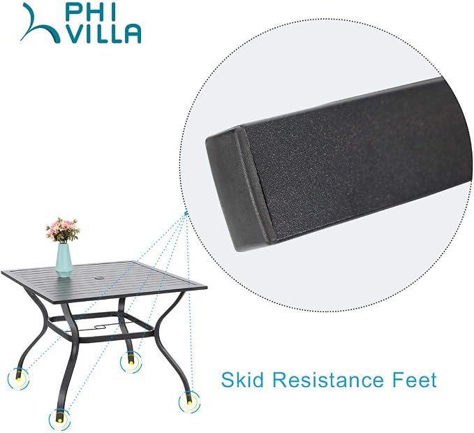 PHI VILLA Patio Dining Set for 4, Swivel Chairs& Metal Table | 37" Metal Table w/ Umbrella Hole&Swivel Wrought Iron Chairs with Cushions, Outside Furniture for Patio,Deck,Yard,Porch
