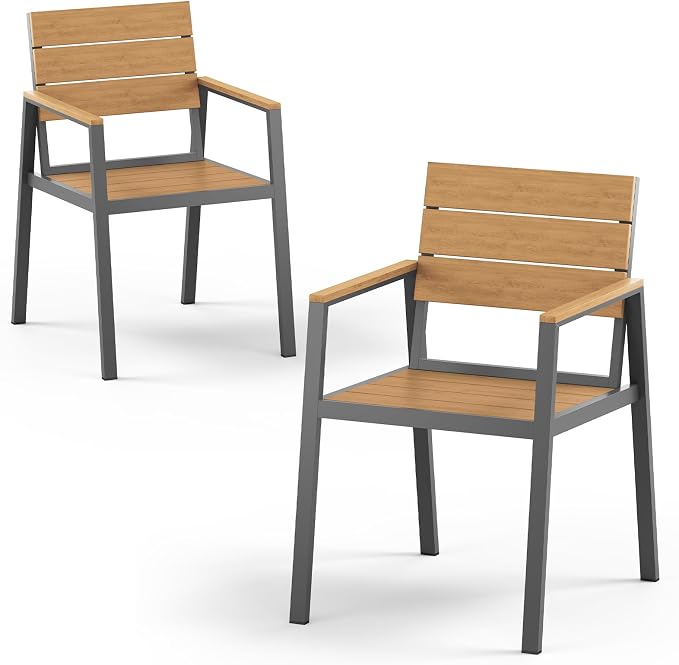 Vexwalx Outdoor Dining Chairs Set of 2, HDPS + Aluminum Patio Dining Chairs with Ergonomic Design and Wide Seat, 2 Piece Outdoor Chairs for Garden, Backyard, Deck (Gray-Teak)
