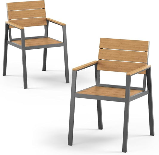 Vexwalx Outdoor Dining Chairs Set of 2, HDPS + Aluminum Patio Dining Chairs with Ergonomic Design and Wide Seat, 2 Piece Outdoor Chairs for Garden, Backyard, Deck (Gray-Teak)