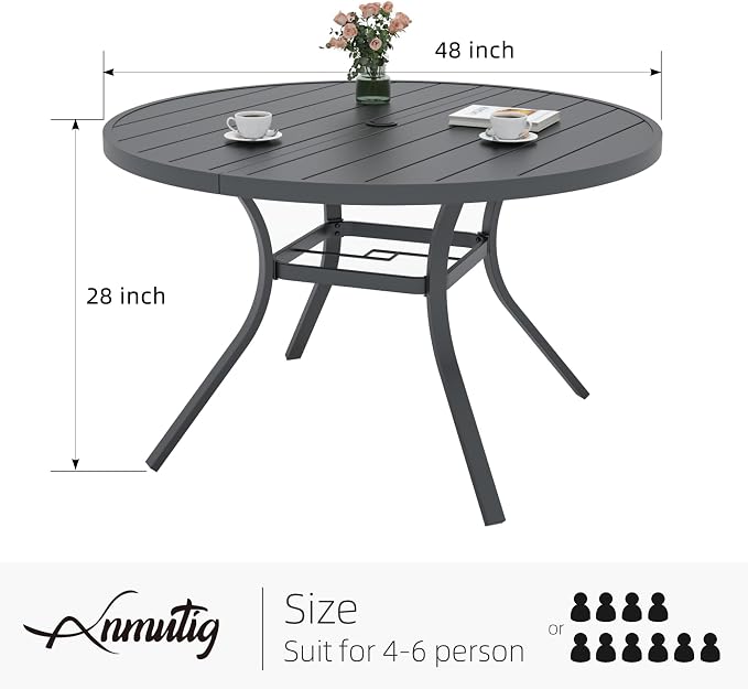 48" Outdoor Patio Round Dining Table fit 4-6 Person, Slat Top All Weather | Black, Metal Slat Top, All Weather, 1.57-1.9 inch Adjustable Umbrella Hole, 4ft, 4 - 6 Person