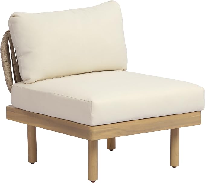 Christopher Knight Home John 4 Piece Patio Furniture Set with Slatted Coffee Table, Outdoor Sofa Set with Rope Back & Cushions, Modern Acacia Wood Sectional Conversation Set, Beige+Cream+Light Teak