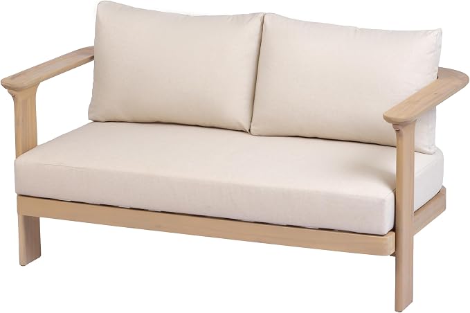 Christopher Knight Home Kera 4-Seater Patio Furniture Set with Removable Cushion, 4 Piece Outdoor Acacia Wood Conversation Set, Sold Wood Outdoor Sectional Sofa Set with Coffee Table, Brown+Beige