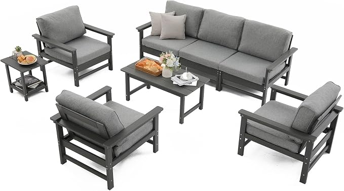 HDPE Outdoor Patio Furniture Set with Cushions,9 Piece Patio Conversation Set Sofa Set,All Weather Outdoor Couch Set with Coffee Table for Lawn, Garden, Deck