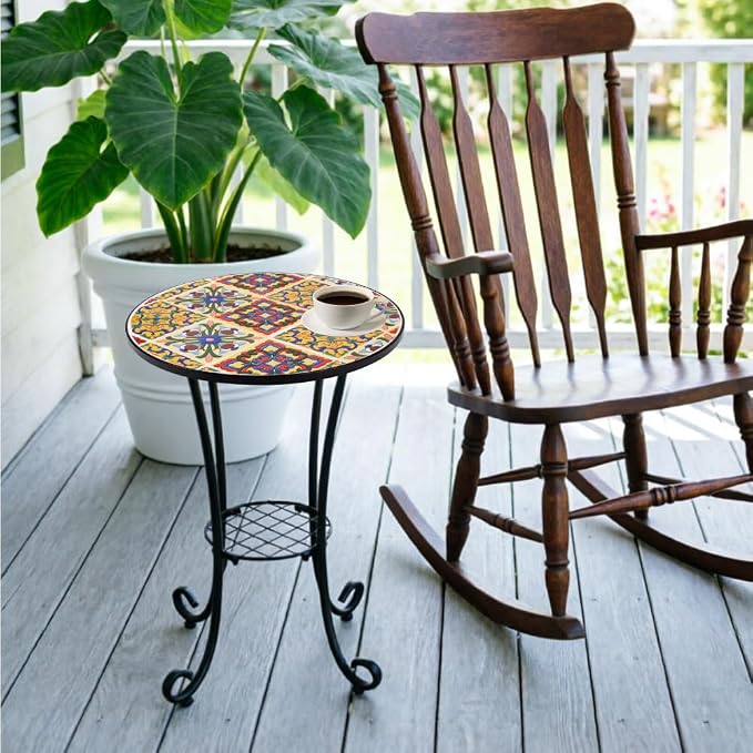 Mosaic Outdoor Side Table Small Round Patio Table Plant Stand | 21" Accent End Table with 14" Ceramic Tile Top for Small Spaces Porch Pool Garden Decor Indoor Living Room Bedroom Balcony