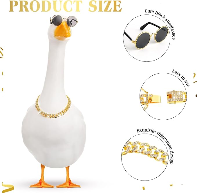 Shyyween Chain Collar and Sunglasses Porch Goose Outfits for Plastic Goose 23"/ 17'' Lawn Geese Statue Sunglasses Collar for Garden Geese Retro Pet Cosplay Party Yard(Gold,Rhinestone)