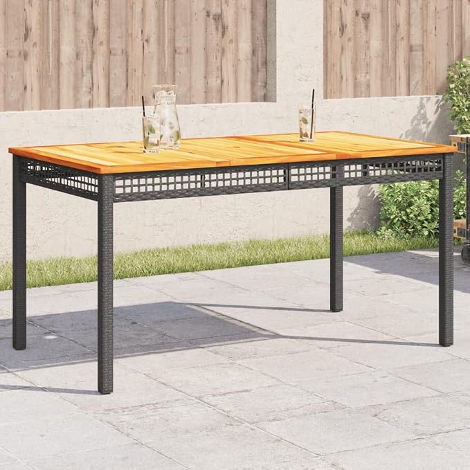 vidaXL Patio Table, Outdoor Dining Table, Patio Furniture, Rectangular Garden Table for Lawn Backyard, Black Poly Rattan Acacia Wood