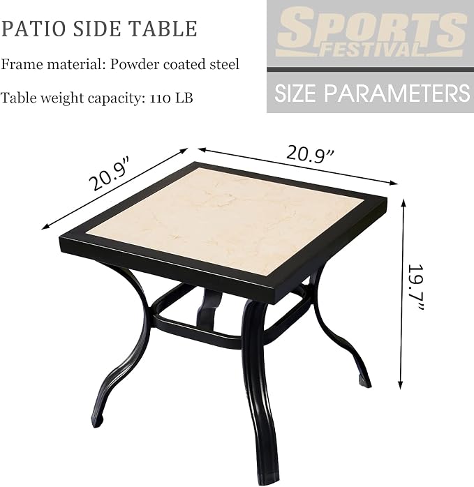 20.9" Outdoor Table Bistro Table with Ceramics Top Black Metal Frame Square Side Table for Bistro Balcony Deck, Off-White
