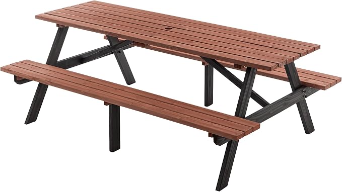 Hohuqeri Picnic Table Bench Set for 8 Persons, 6FT Large Camping Table, Wood Outdoor Dining Beer Table Set with 2” Umbrella Hole, for Patio Lawn Garden (Brown & Black)