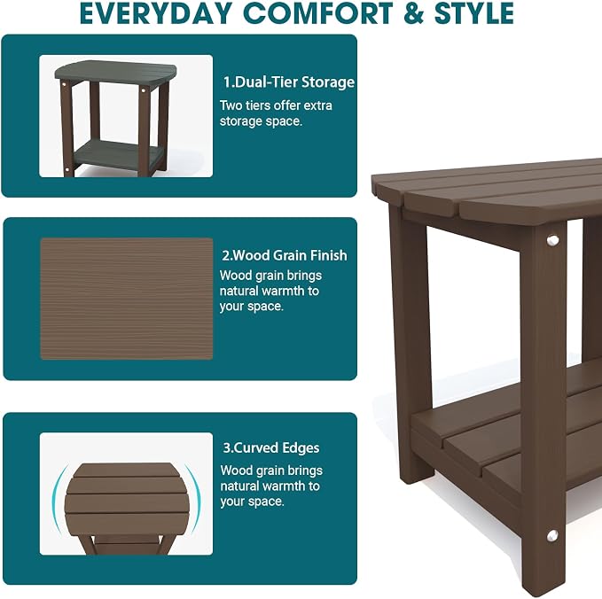 THOEOE Adirondack Outdoor Side Table, 2-Tier Sturdy Patio End Table Weather Resistant, Morden Side Table for Patio, Pool, Porch, Brown