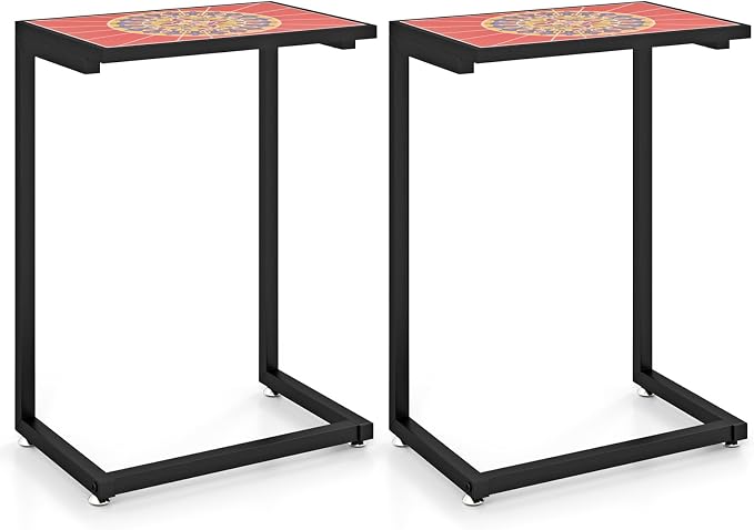 Giantex Mosaic C-Shaped Outdoor Side Table with Sturdy Metal Frame and Adjustable Foot Pads, 110 Lbs Capacity, Patio End Table for Sofa Side, Living Room, Bedroom, Outside (2)