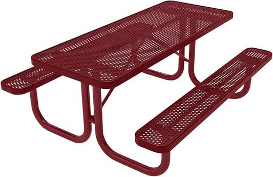 COATEDOUTDOORFURNITURE Heavy-Duty Portable Outdoor Picnic Table, Thermoplastic Coated Punched Steel Commercial-Grade Patio Furniture Made in America (6ft Rectangular, Burgundy with Burgundy Frames)