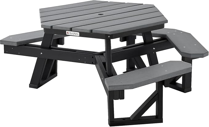 Global Industrial Outdoor 46" Hexagonal ADA Accessible Picnic Table with 3 Attached Benches, Recycled Plastic Construction, 1600 Lbs Weight Capacity, Gray