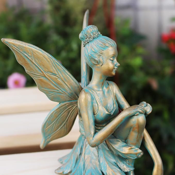 Vintage Bronze Sitting Fairy Statue Outdoor Garden Decor, 7" Tall Resin Angel Figurine Home Shelf Sitter Yard Art Sculpture for Patio Lawn Porch Ornaments
