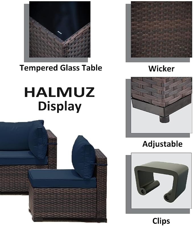 9 Pieces Outdoor Patio Furniture Sets,Wicker Conversation Set Sectional Sofa,Includes 8 All-Weather High Back PE Rattan Seating Components w/Thickened Cushions&Coffee Table,Navy