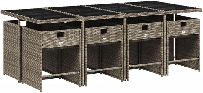 9 Piece Outdoor Dining Set, 8 Seater Patio Table and Chair Furniture with Cushions, Space Saving Cube Design, Gray Poly Rattan