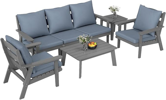 FOOWIN 7-Piece Patio Furniture Set, HDPE All-Weather Outdoor Conversation Set with Thick Cushions, Sectional Patio Sofa Furniture for Deck, Porch, Lawn, Garden, Grey Frame & Grey Cushion