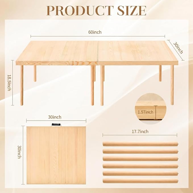 60"x30" Boho Wooden Picnic Table, Portable Wood Picnic Desk,Solid Wood Picnic Table, Boho Low Picnic Floor Desk for Beach, Camping, Backyard, Floor Seating