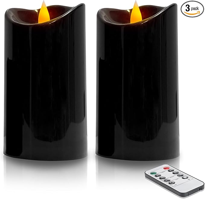 3 Pack Flameless Candles with Remote & Timer Ivory Outdoor Waterproof Led Pillar Candles(D3“x H 4”/5”/6”), Battery Operated Candles for Home & Holiday Party Decor (Black, 2 Pack - D3 X H6)