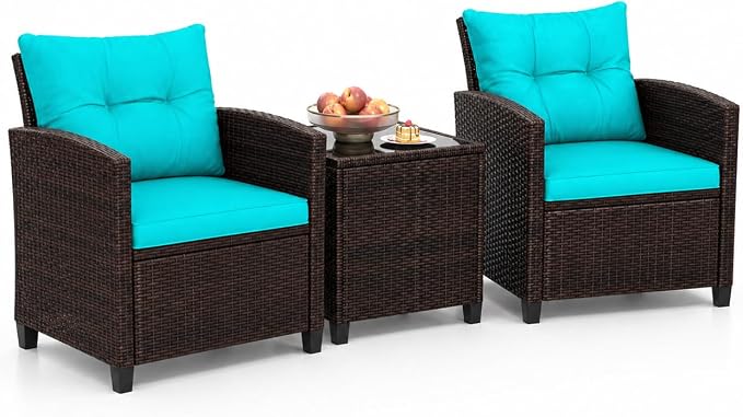 DORTALA Wicker Patio Furniture Set 3 Piece, Outdoor Table and Chairs with Tempered Glass Tabletop, Cushions, Small Rattan Conversation Sofa Set for Balcony, Porch, Backyard, Deck, Turquoise