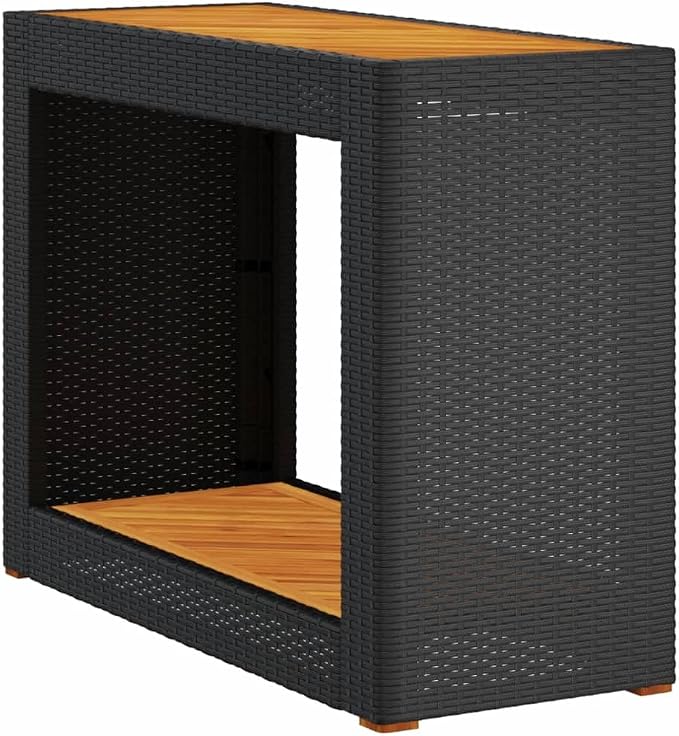 vidaXL Patio Side Table with Wooden Top, Exterior Tea Table with Storage, Rectangular Coffee Table for Garden Backyard, Modern, Black Poly Rattan