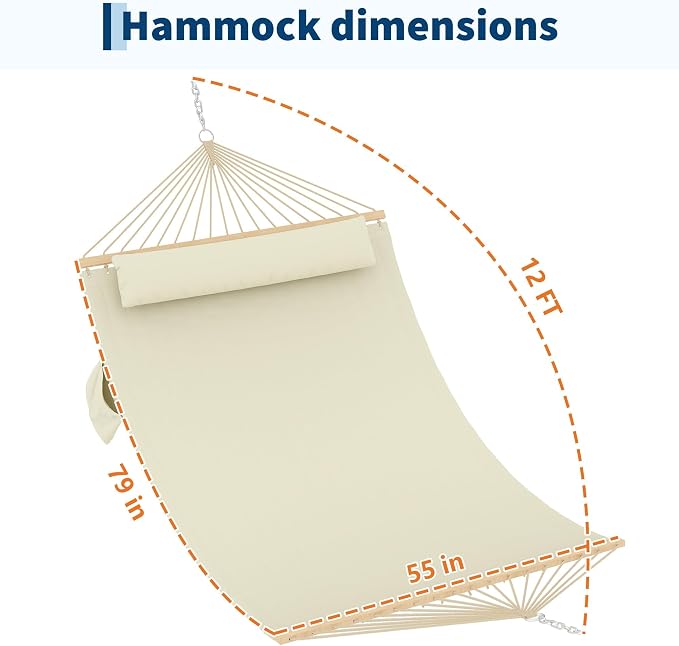 Double Quilted Hammock with Wooden Spreader Bar, 2 Person for Outdoor Without Stand, Patio Backyard Poolside, Beige White