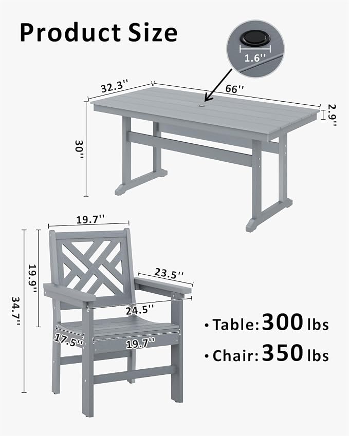 HDPE Outdoor Dining Set for 6,Patio Dining Set with Umbrella Hole,Weather Safe Outdoor Table and Chairs for Garden, Backyard, Poolside Gray
