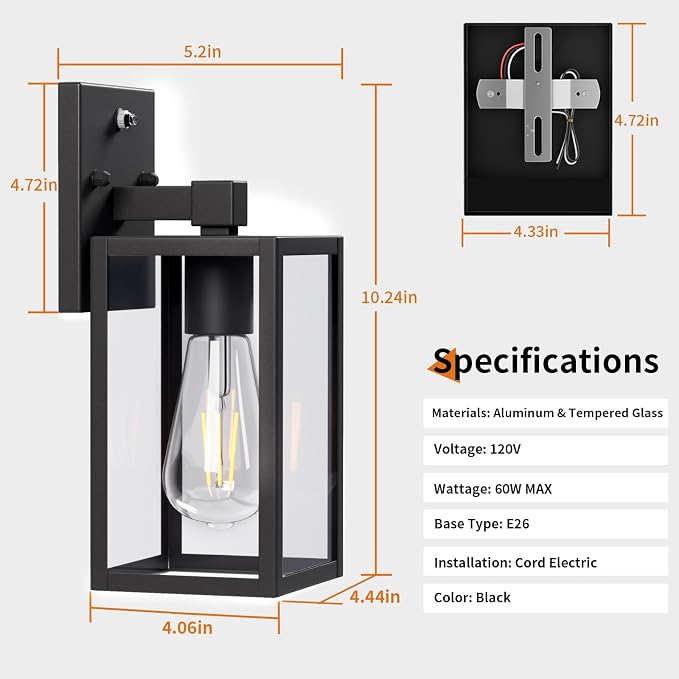 Dusk to Dawn Outdoor Porch Lighting Fixtures Wall Mount, Sensor Exterior Wall Light for House, Ouside Lantern Lamp, Waterproof Wall Sconce Lights, Black Metal Coach Light for Garage Entryway