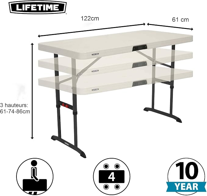 Lifetime Nesting 80823 Adjustable Rectangular Folding Table 122 cm for 4 People Beige