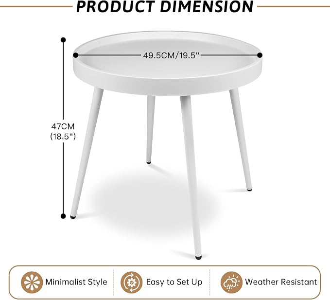 Small Round Side Table - Outdoor Indoor Metal Side Table with Anti-Fall Fence - Small Coffee Drink End Tables for Patio, Living Room Bedroom Porch -White