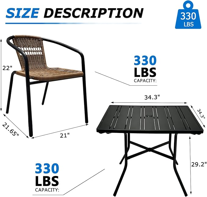 Outdoor Patio Furniture Set 5 Piece with 4 Brwon Stackable Rattan Chairs and Black Outdoor Metal Dining Table with Umbrella Hole