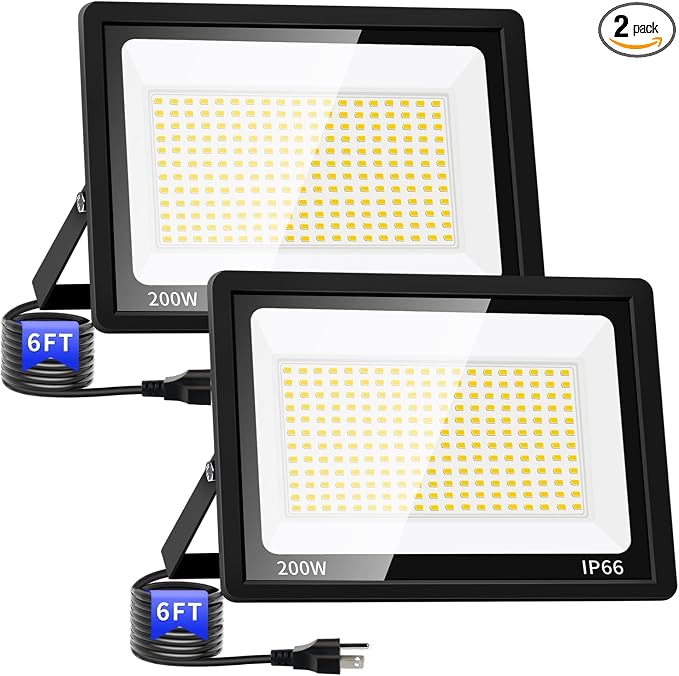 2 Pack 200W LED Flood Light, IP66 Waterproof | 24000LM, 5000K Daylight White, Plug in with 6ft Cord, Outdoor Exterior Lighting, for Yard, Garage, Patio, Backyard, Stadium