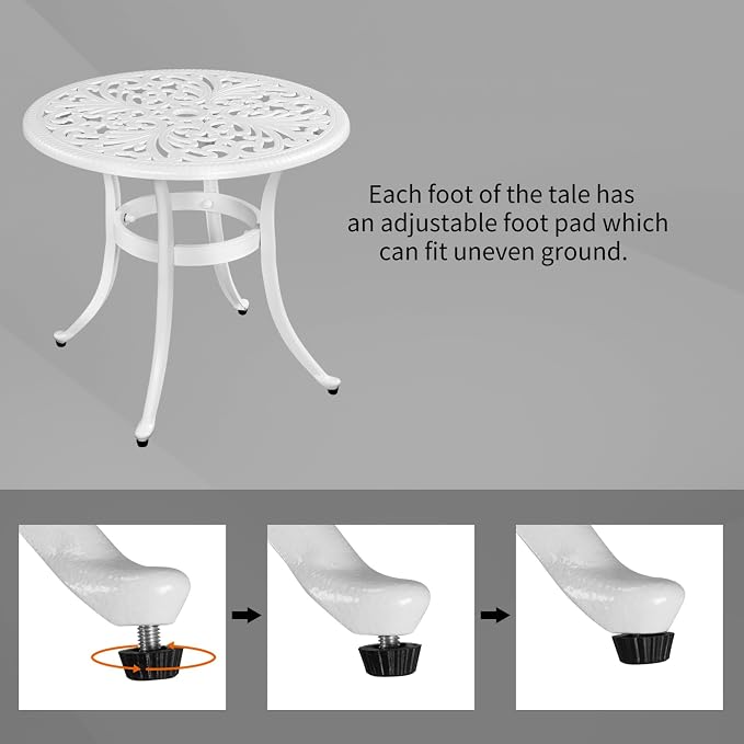 Outdoor Round Side Table with Classical Floral Design, 23.6” Aluminum Round Patio Table for Indoor & Outdoor Use, (White)