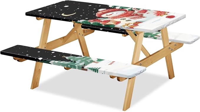 Snowman Picnic Table Cover with Bench Covers Elastic Edges, Rectangle Fitted Christmas Table Cover, Outdoor Patio Camping Essentials 72 Inch 3PCS, Waterproof Camping Fitted Tablecloth