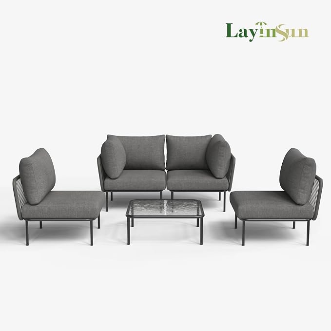 LayinSun 5 Pieces Aluminum Patio Furniture Set, Modern Modular Sectional Sofa with Coffee Table and Upgrade Thickness Cushion