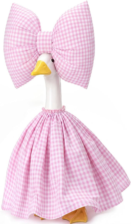 23 Inch Goose Outfit Pink Plaid Dress with Bow Garden Goose Clothes for Outdoor Lawn Yard Patio Courtyard Farmhouse Statue Decoration