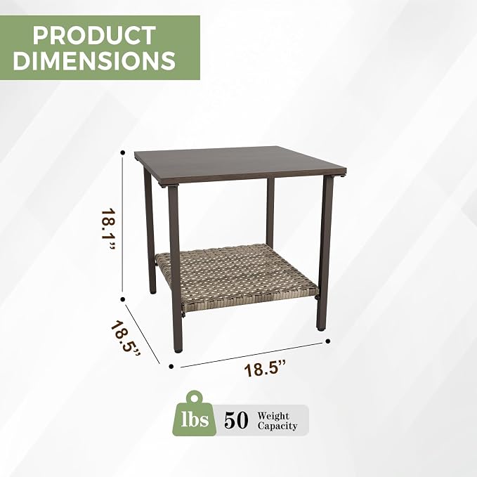 EAGLE PEAK Coastal Vista Outdoor Table with Wicker Shelf for Garden, Patio, Poolside and Porch, Square, Wood Grain Top