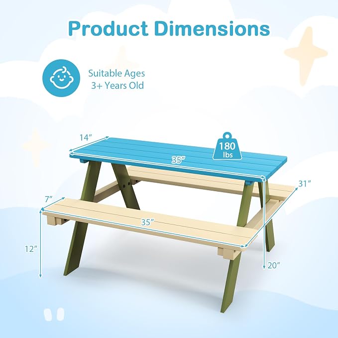 Costzon Kids Picnic Table, Acacia Wood Kids Outdoor Table with Benches, Toddler Patio Furniture Set for Backyard, Garden, Lawn, Gift for Boys Girls 3+ (Green)