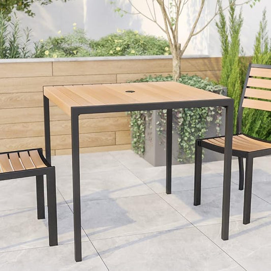 EMMA + OLIVER Outdoor Steel Dining Table with Umbrella Hole - Faux Teak Poly Slatted Top - Black Frame - 30x48 Table Seats up to 4 Adults
