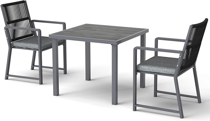 3 Pieces Metal Outdoor Dinning Set Featuring 1 Table and 2 Ratten Chairs Waterproof and Rust-Proof Courtyard Style Table Garden Balcony Poolside, Dark Gray 3 Pcs