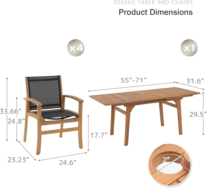 SUNSITT 5-Piece Outdoor Patio Dining Set, 55" - 71" Acacia Wood Expandable Table & 4 Breathable Textilene Mesh Chairs, All-Weather Patio Furniture w/Umbrella Hole for Backyard, Deck, Garden, Black